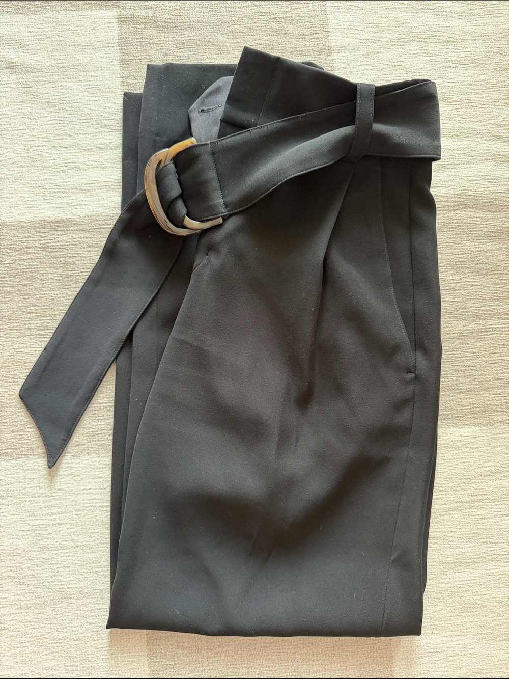 High-Waist Black Tie-Belt Trousers